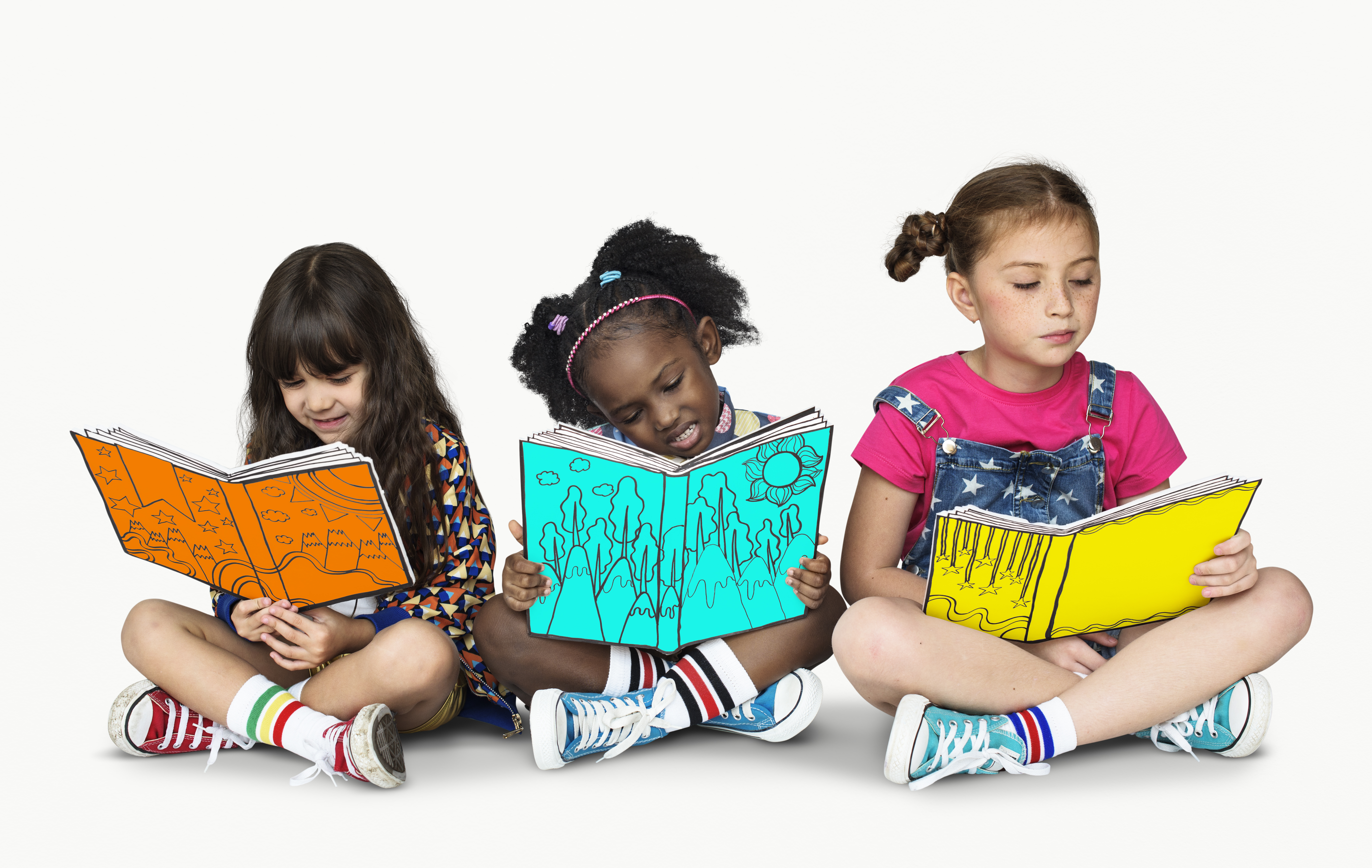 Children Girlfriends Reading Book Education Togetherness Studio Portrait